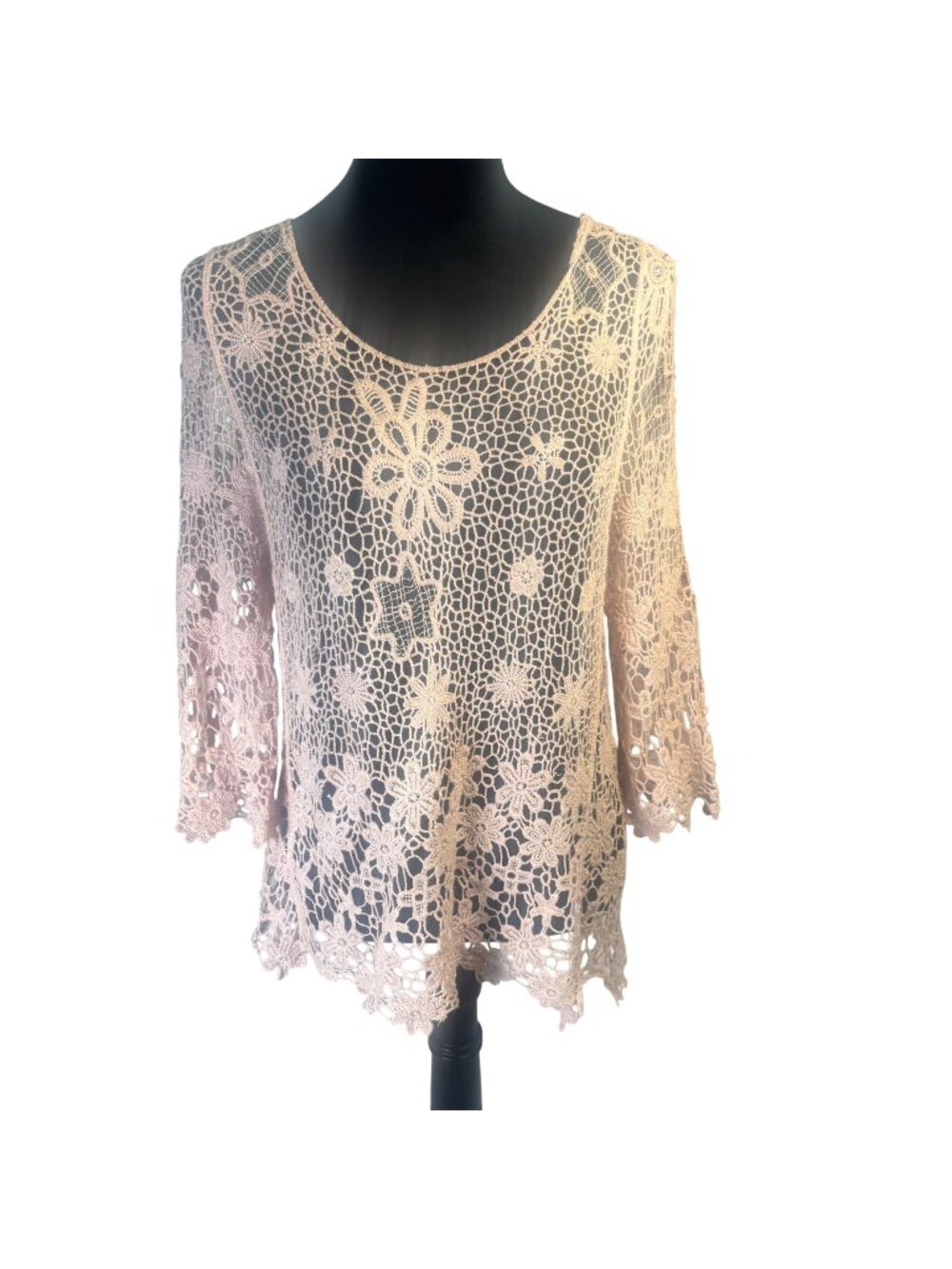 Vintage Light Pink Crochet Lace Long Sleeve Peasant Blouse Boho Cottagecore M